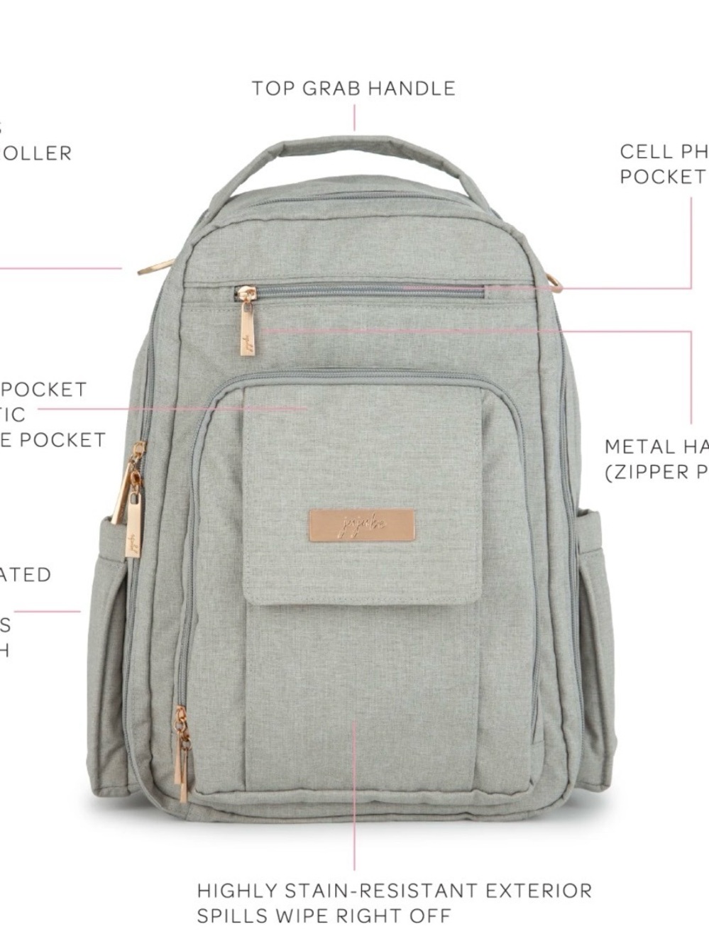 Ju-Ju-Be Gray Convertible Baby Bag Backpack with Rose Gold Hardware